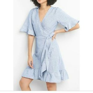 NWT GAP Linen Blend Pinstripe Wrap Ruffle Dress